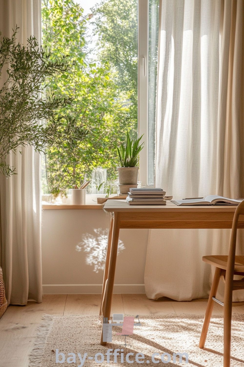Scandinavian home office with beige walls, light-toned desk, soft linen curtains, plants, and well-loved books, creating a cozy and inviting atmosphere for productivity. Find more ideas at bay-office.com.
