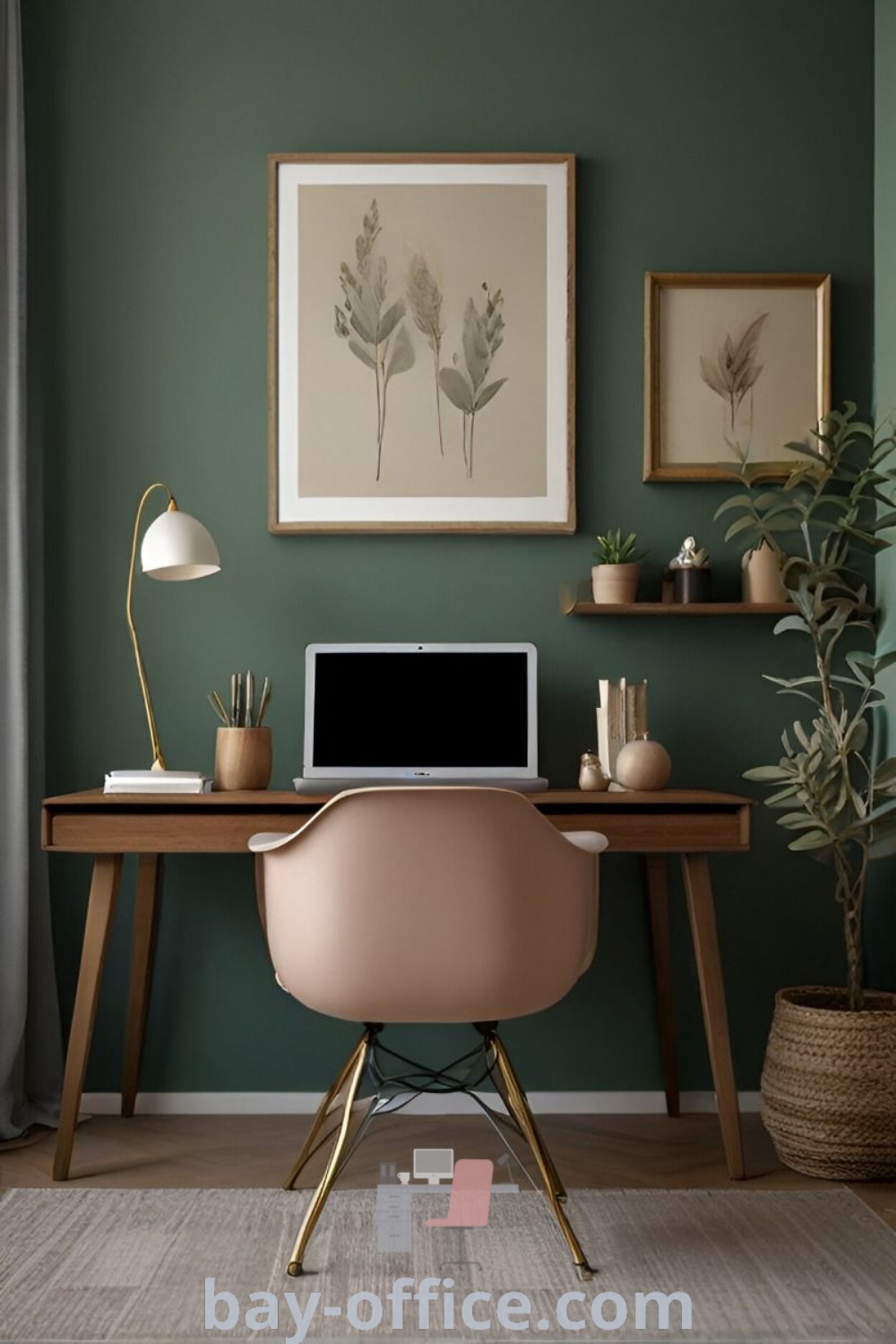 A laptop computer on a wooden desk beside a potted plant in a green office decor setting. This inspiring workspace promotes productivity with rustic color schemes and contemporary design ideas perfect for small home offices. For more ideas that inspire, visit bay-office.com.