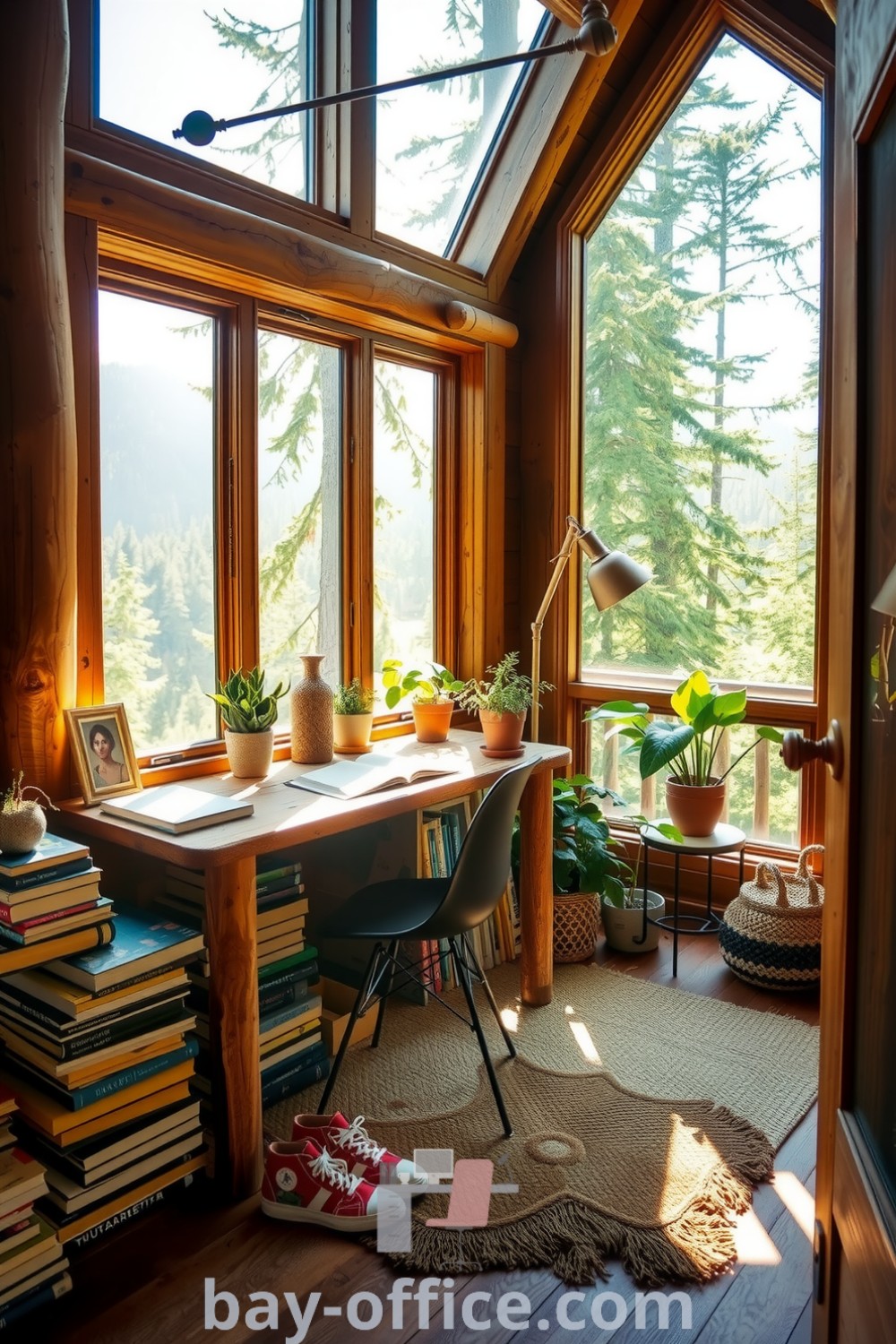 Cozy cabin home office featuring rough-hewn wooden beams, reclaimed wood desk, large windows with forest views, and potted plants. A serene atmosphere perfect for enhancing productivity and creativity. Explore more design tips at bay-office.com.
