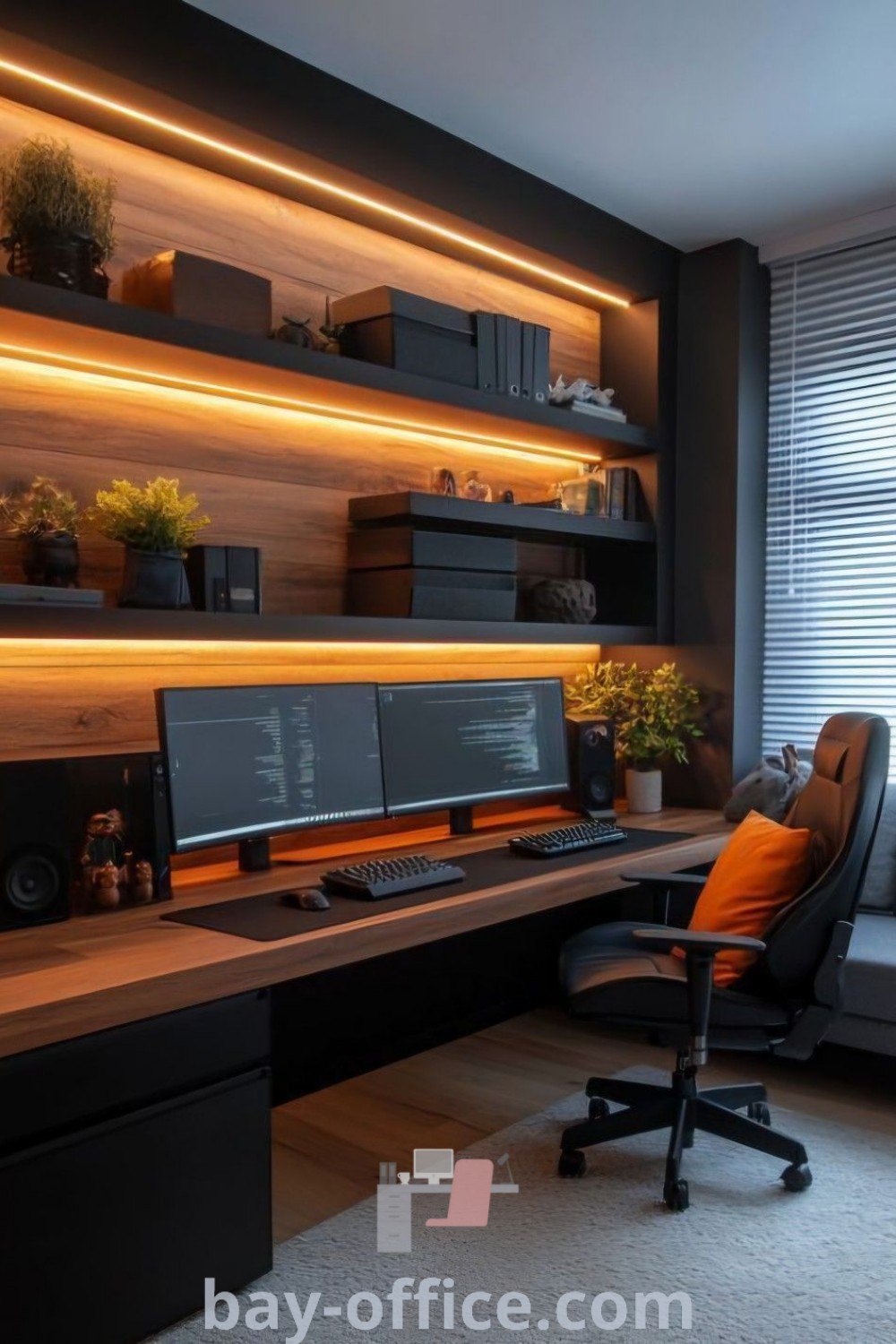 A home office featuring a gaming and study desk setup with two computer monitors and an orange pillow, inspiring productivity and comfort. Perfect for cozy man office game rooms and modern gamer room ideas. Explore more at bay-office.com.