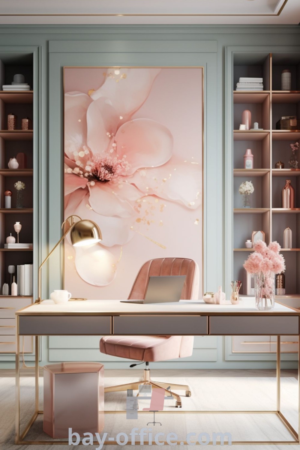 Feminine office space featuring pink office aesthetic and glamorous decor ideas for a cozy work environment. Perfect for creating inspiring productivity in home office setups. Explore more at bay-office.com.