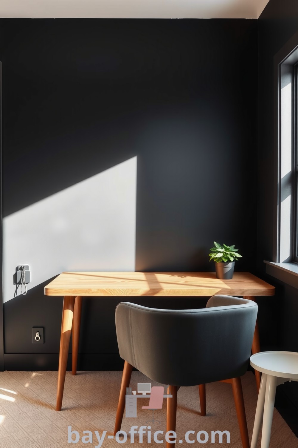 Minimalist home office with black walls, wooden desk, and natural light, designed for productivity and comfort. Features a cozy chair and a small plant for added warmth. Explore more ideas that inspire productivity at bay-office.com.