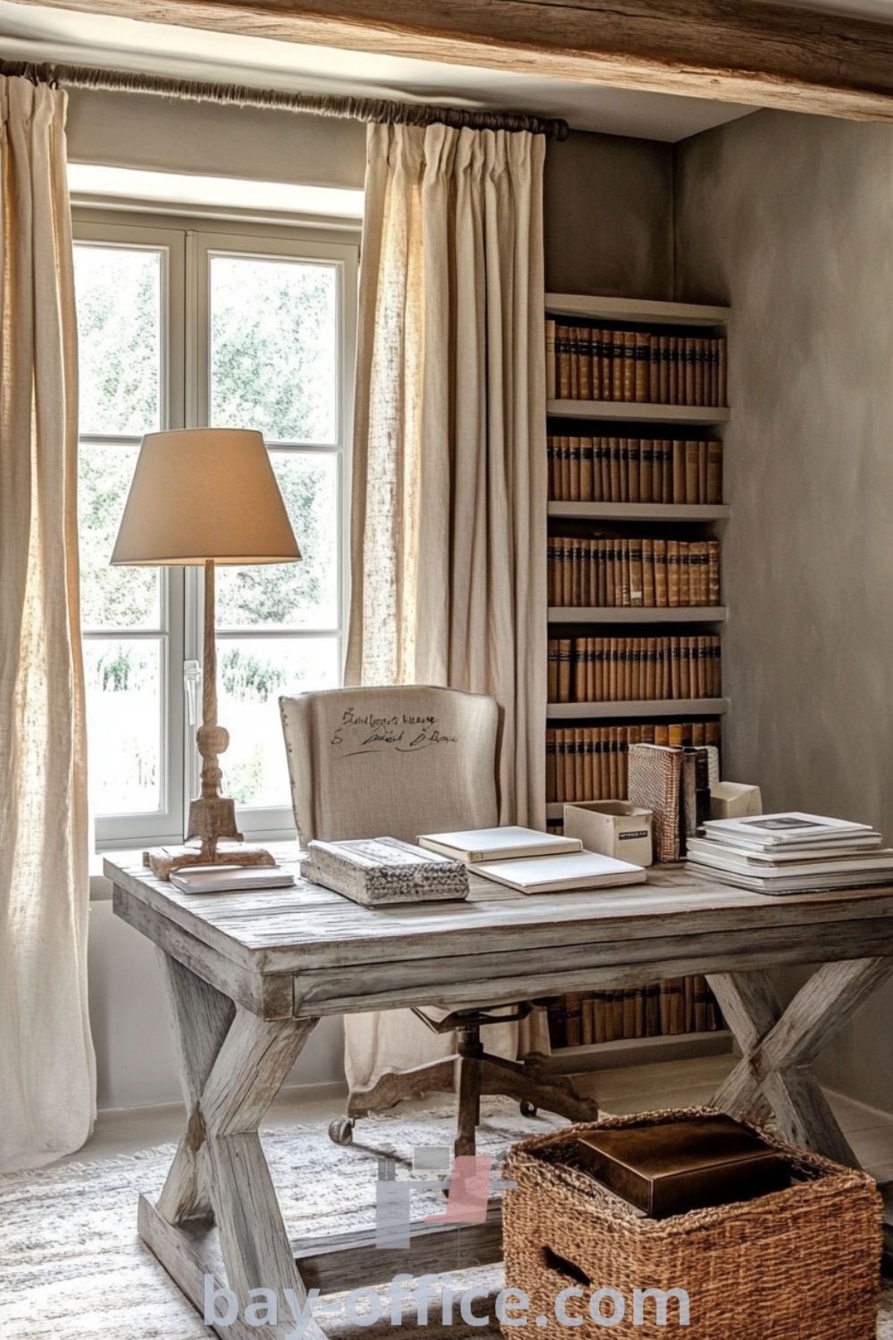 Elegant French country home office with distressed wooden beams, vintage desk, linen curtains, and cozy decor. Perfect for inspiring productivity and relaxation, showcasing design trends for comfortable workspaces. Find more ideas at bay-office.com.
