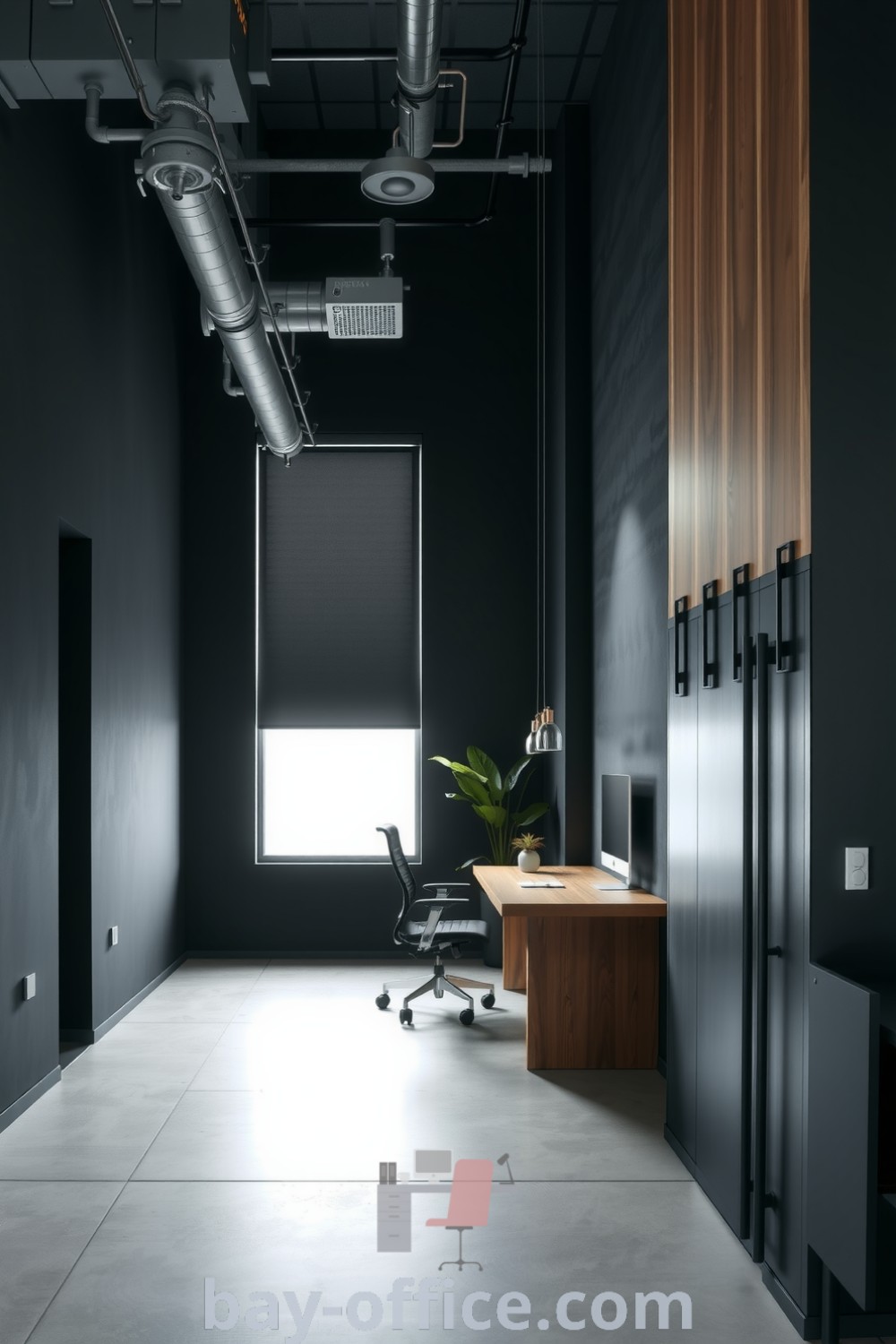 Minimalist corporate office featuring matte black walls, natural wood accents, and metal fixtures, illuminated by natural light. This design inspires productivity and creativity, showcasing ideas that will make you love working from home. Discover more at bay-office.com.