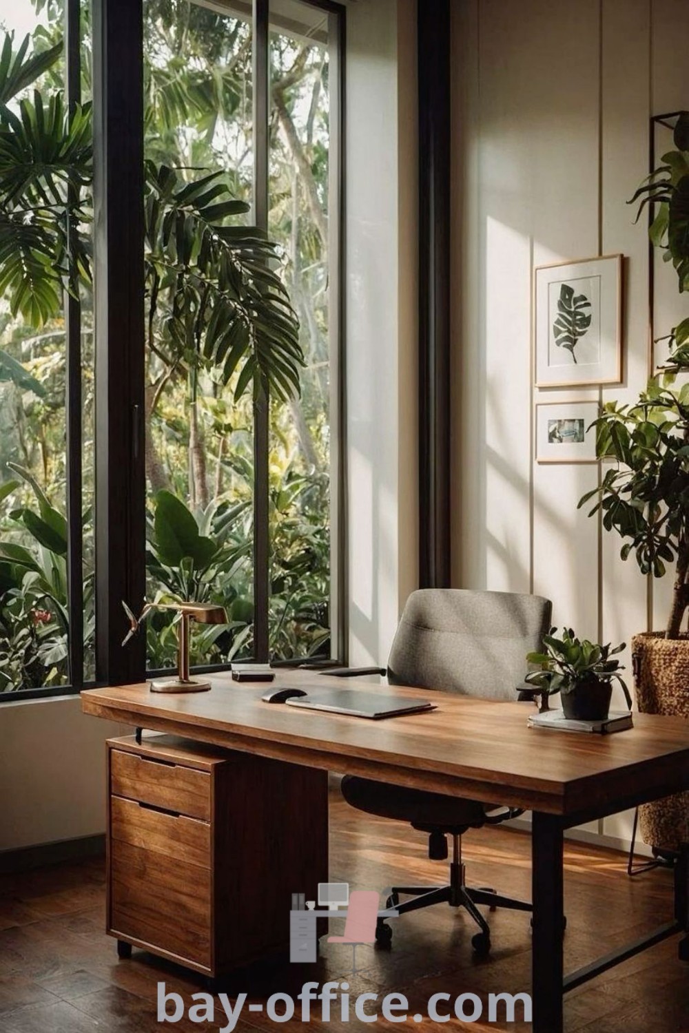 Tropical home office featuring large windows, lush plants, and a wooden desk, embodying Old Money Style and ideal for creating a cozy aesthetic. Explore inspiring decor ideas for small spaces and maximizing productivity at bay-office.com.