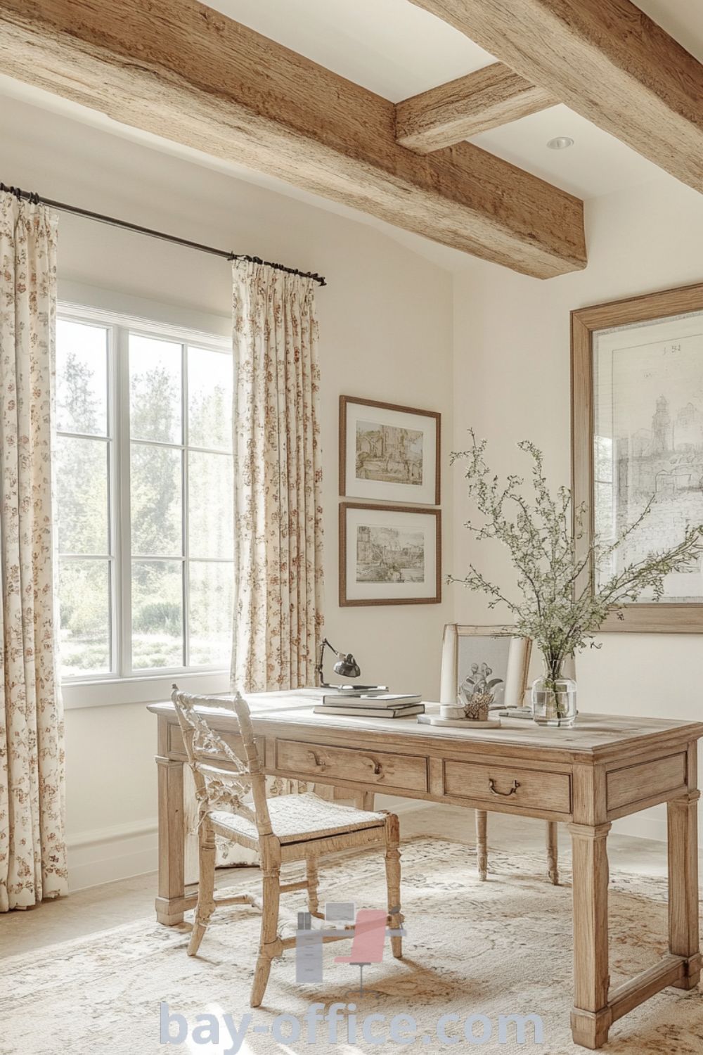 Cozy French country home office featuring rustic wooden beams, oak desk, floral curtains, and natural light. Aesthetic decor ideas for a productive workspace that inspires creativity. Discover more at bay-office.com.