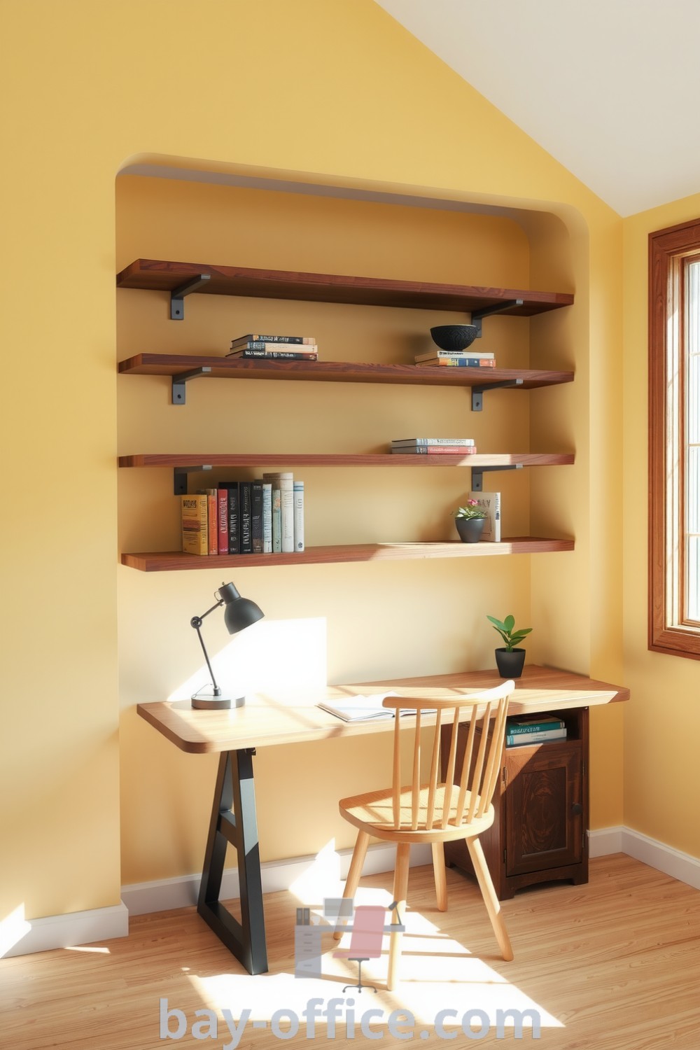 Minimalist home office with soft yellow walls, a wooden desk, and abundant natural light, fostering a cozy aesthetic and productivity. Discover inspiring decor ideas for small spaces at bay-office.com.