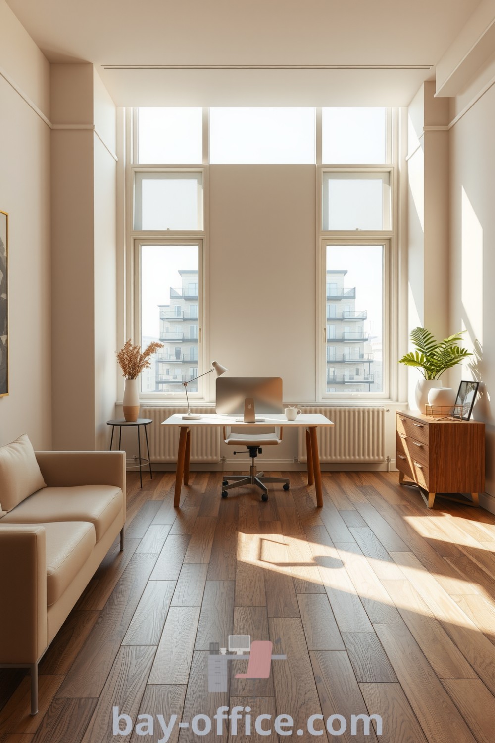 Minimalist corporate office with soft beige tones, clean furniture lines, natural light pouring in from wide windows, creating a warm, inviting atmosphere ideal for productivity and comfort. Explore design trends and decor ideas at bay-office.com.