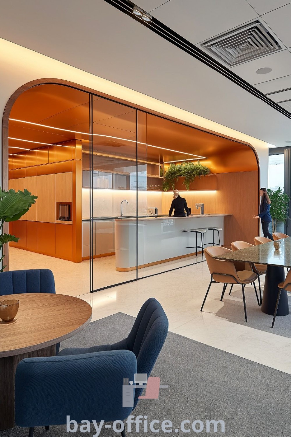 Modern office design showcasing large windows, modern furniture, and inspiring open workspace concepts. Ideal for enhancing productivity and creating an inviting environment. Discover more office design ideas and tips at bay-office.com.