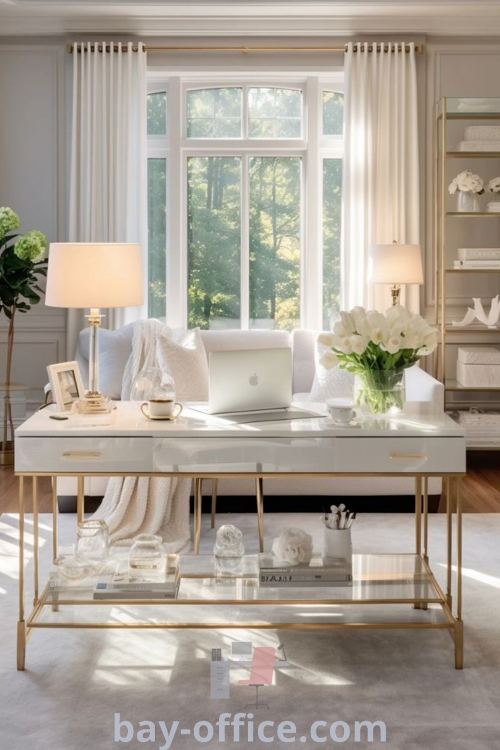 A cozy and feminine home office featuring stylish furniture and a white table near a large window, designed for productivity and aesthetic appeal. Explore inspiring decor ideas and functional design tips at bay-office.com.