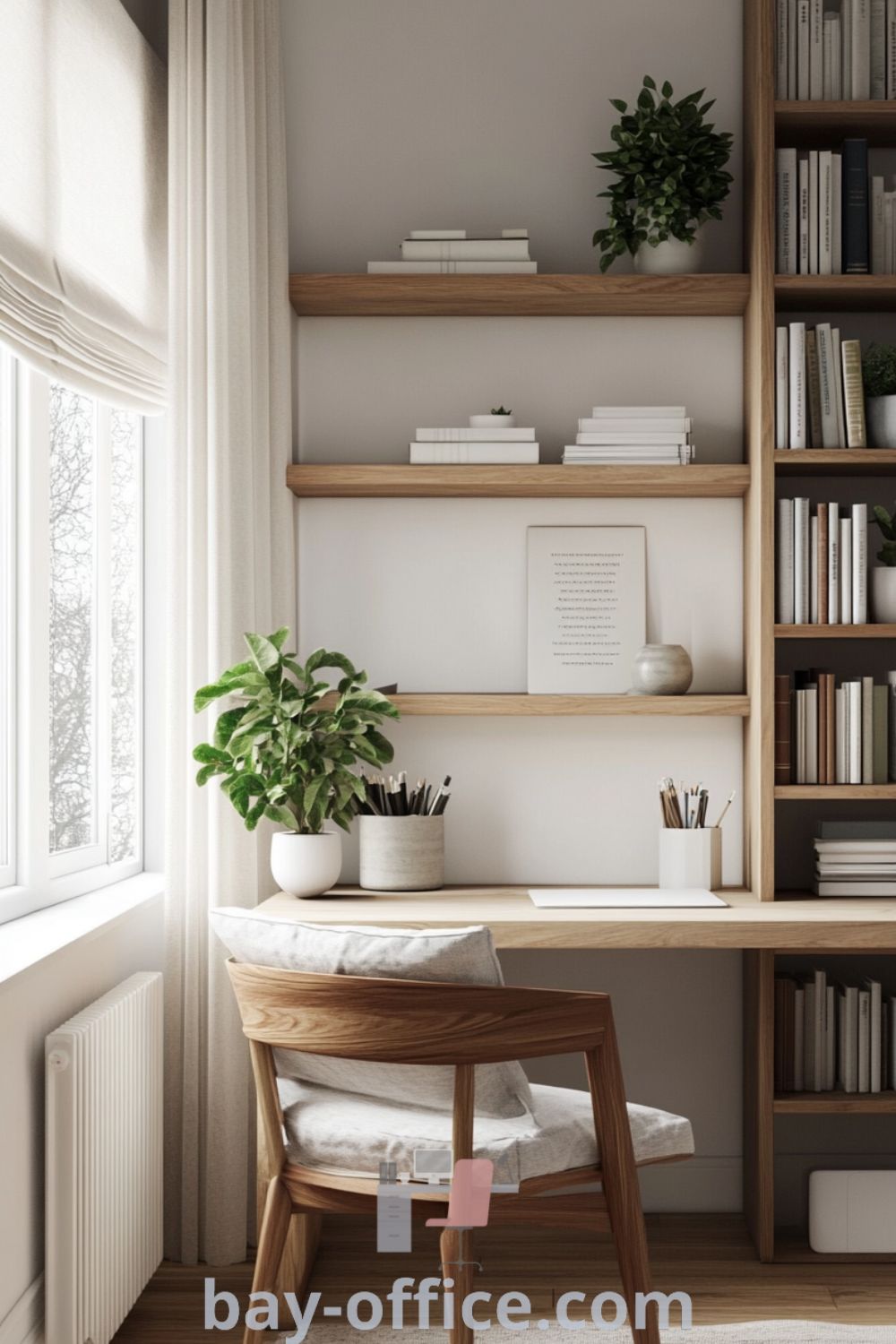 Cozy Scandinavian home office featuring a white palette, natural wood accents, wooden desk by a large window, shelves with books and plants, designed for inspiration and productivity. Find more ideas at bay-office.com.