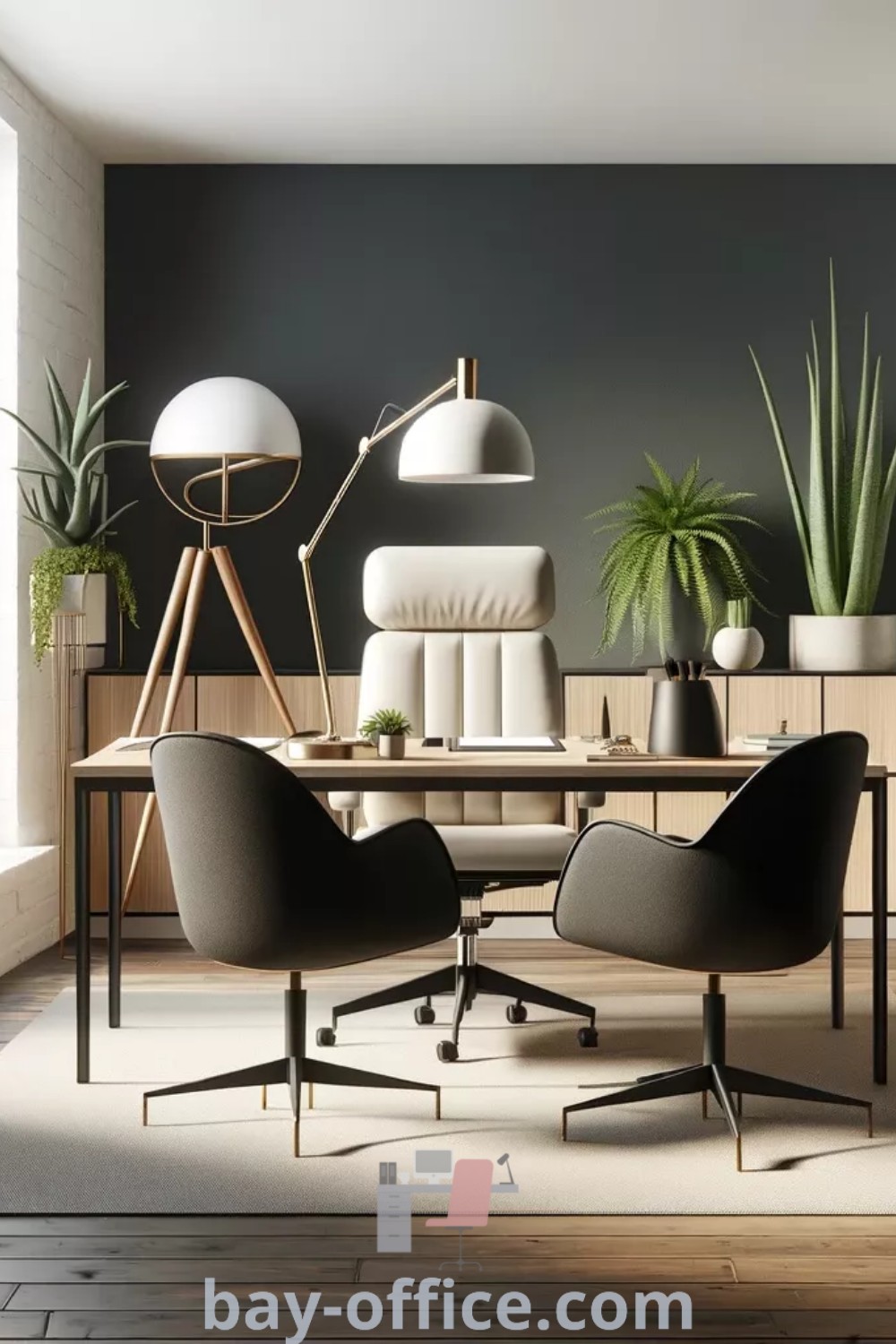 Cozy office with plants, chairs, and a rug, creating an inviting workspace. Ideal for small office designs and home office decor ideas. Discover more at bay-office.com.