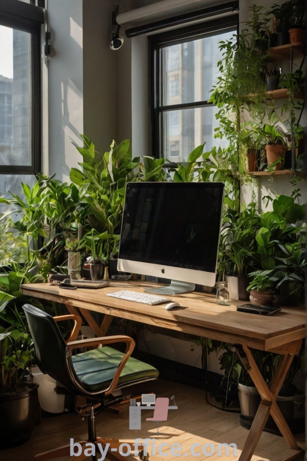 A desk with a computer in a cozy jungle office setting surrounded by potted plants, combining tropical and industrial coffee shop aesthetics. Perfect for Wfh setups and workspace decor ideas. Explore more design tips at bay-office.com.