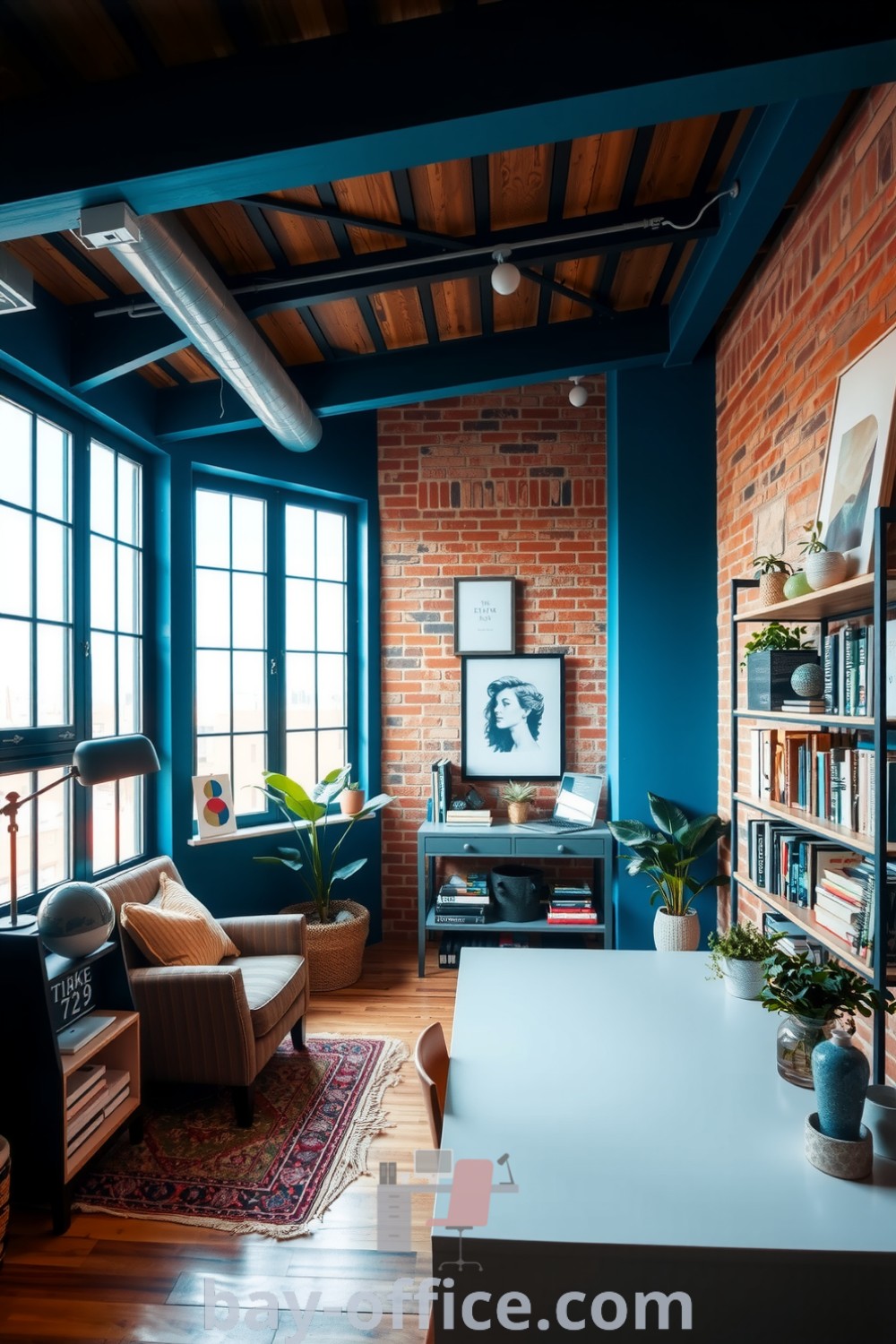 Cozy loft home office featuring exposed brick walls, modern desk, wooden beams, and large windows bringing in natural light. The inviting atmosphere is enhanced by an armchair, open shelving with books and plants. Discover inspiring decor ideas for small spaces that promote productivity and comfort at bay-office.com.