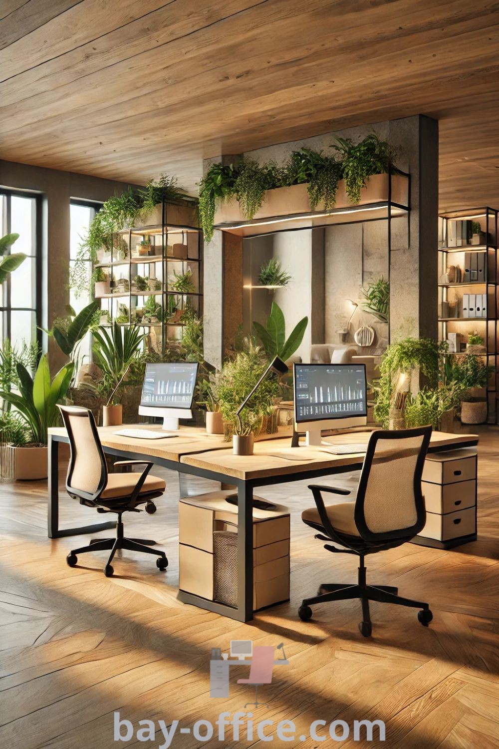 A biophilic home office showcasing two computer desks surrounded by plants on shelves, demonstrating design trends and decorating ideas that inspire productivity and comfort. Experience the tranquil setup at bay-office.com.