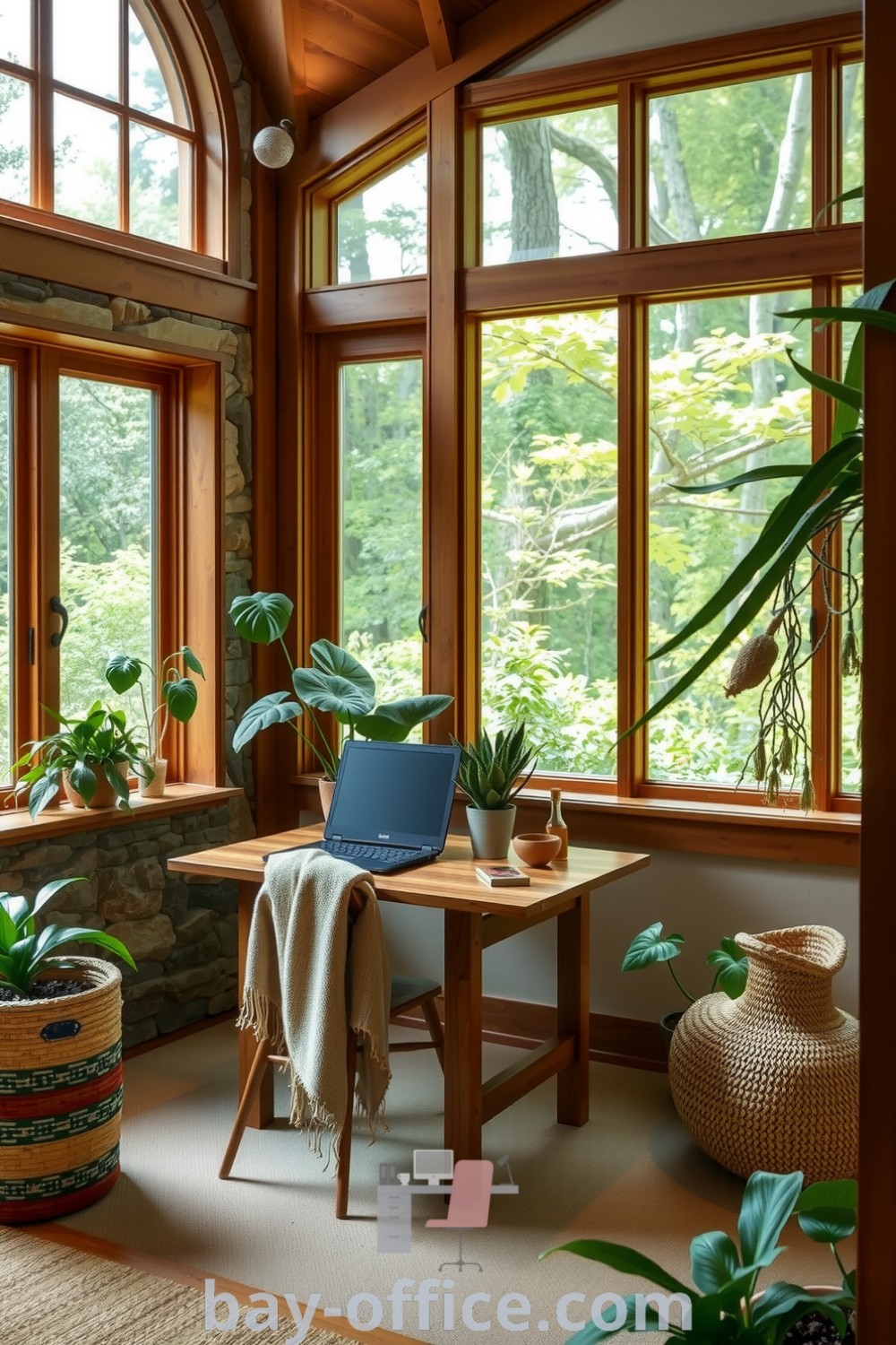 Cozy indoor nature home office featuring warm wood tones, a stone accent wall, and large windows with lush greenery. Includes a handmade reclaimed wood desk and a comfortable chair, designed to inspire productivity and tranquility. Discover more decor ideas at bay-office.com.