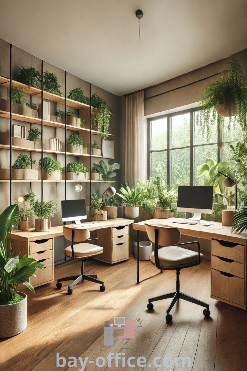Biophilic office with wooden floors, lots of plants, and two computer desks, showcasing inspiring decor ideas that enhance productivity. Discover design tips for creating a cozy and inviting workspace for home or apartment at bay-office.com.