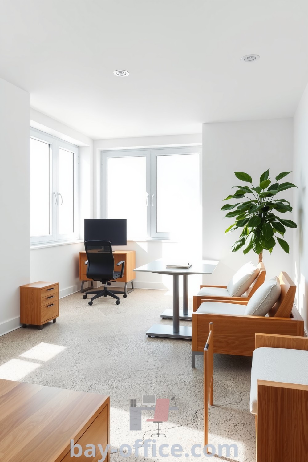 Bright minimalist office with white walls, natural wood accents, spacious windows, and lush greenery, designed to foster calm and productivity. Perfect for inspiring a cozy aesthetic and efficient workspace at home or in the office. Discover more ideas at bay-office.com.