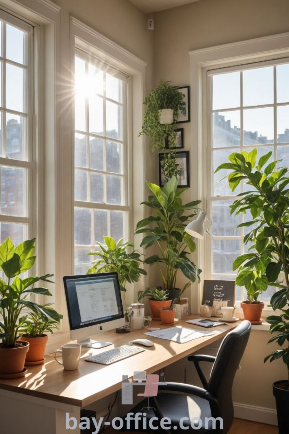 A home office with a desk by the window featuring a computer, plants, and natural light on a hardwood floor, showcasing inspiring decor ideas for productivity and comfort. Discover more tips at bay-office.com.