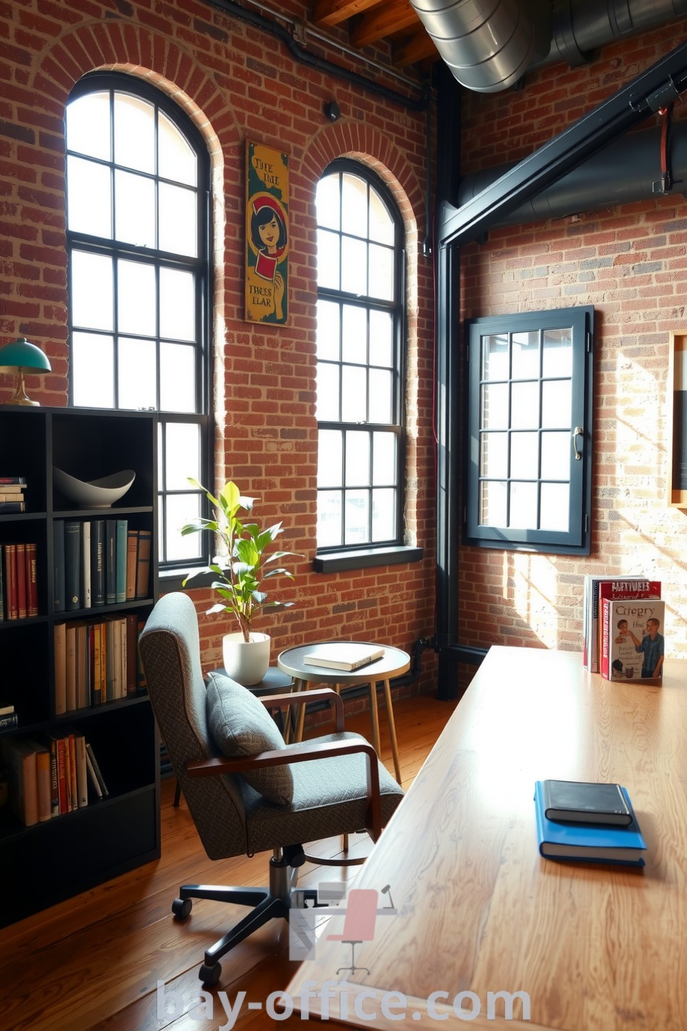Cozy loft home office featuring exposed brick walls, polished wood furniture, and a reading nook, designed to inspire productivity and relaxation. Perfect decor ideas for small spaces. Find more inspiring ideas at bay-office.com.