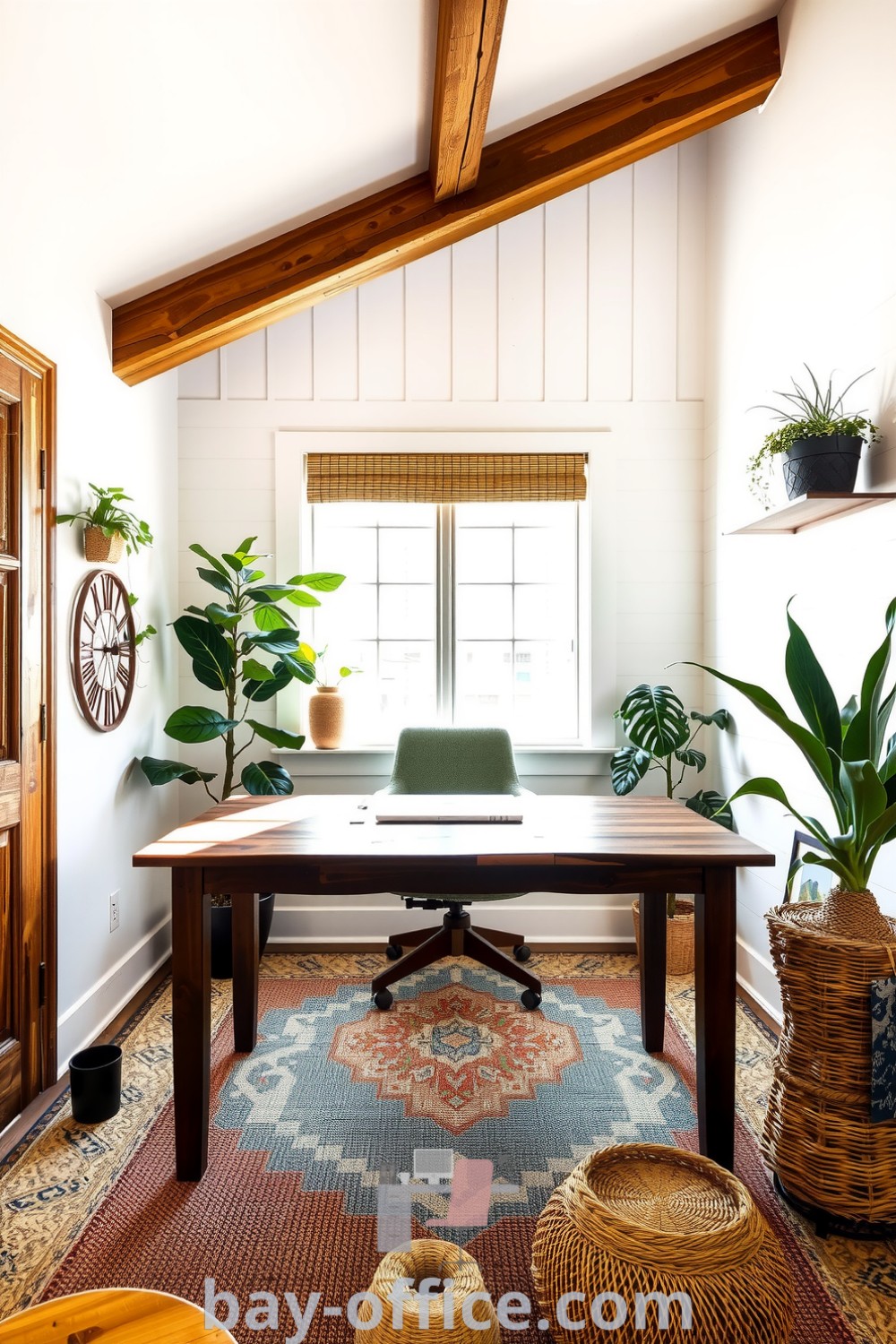 Nature-inspired home office featuring rustic wooden beams, a sturdy desk, large windows, and potted plants that create a cozy aesthetic. The space harmoniously blends indoor and outdoor elements, perfect for enhancing productivity and relaxation. Explore more decor ideas at bay-office.com.