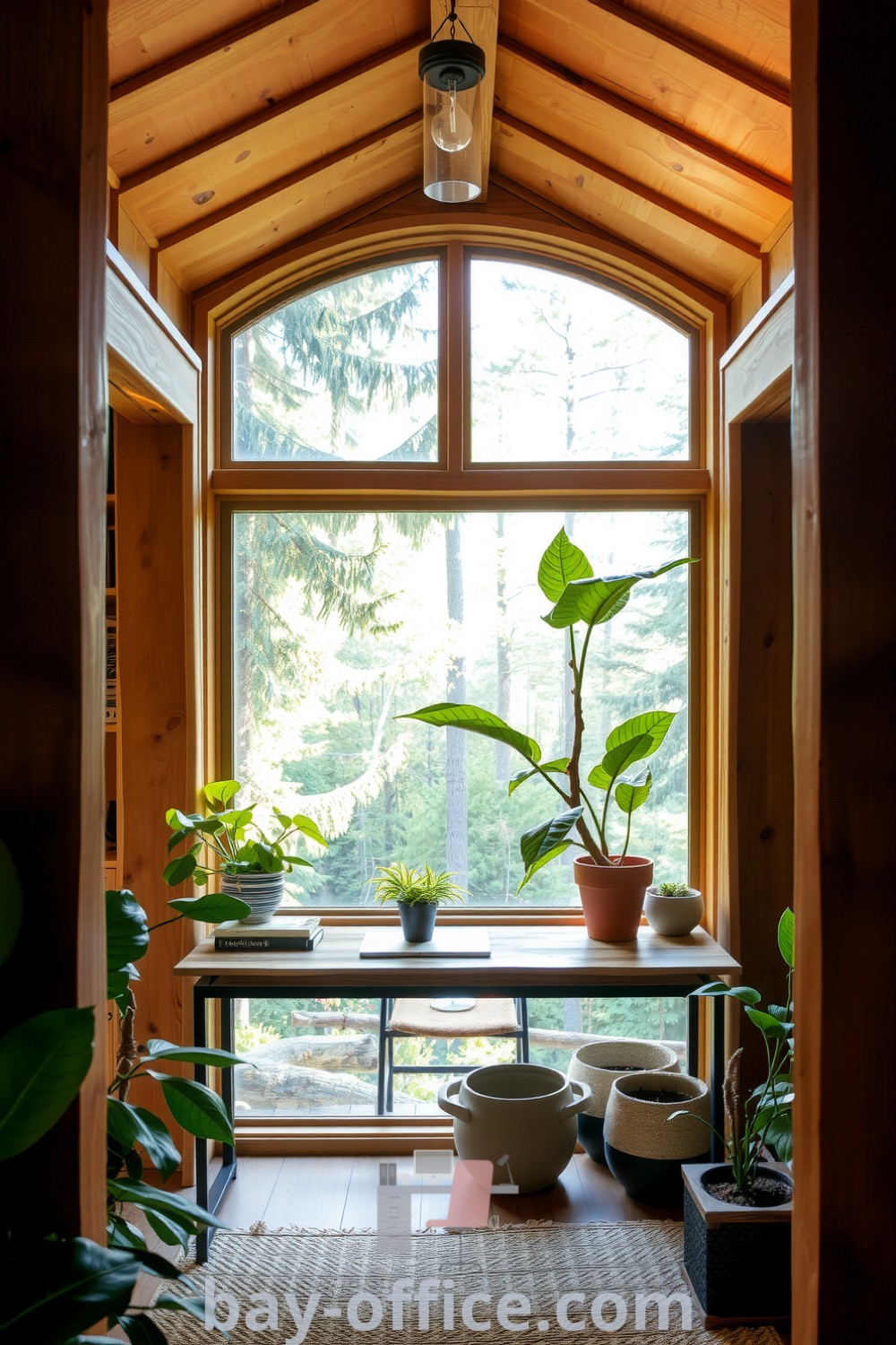 Home office featuring natural materials with wooden beams, reclaimed wood desk, and potted plants, emphasizing a cozy aesthetic that encourages productivity and tranquility. Explore more decor ideas at bay-office.com.