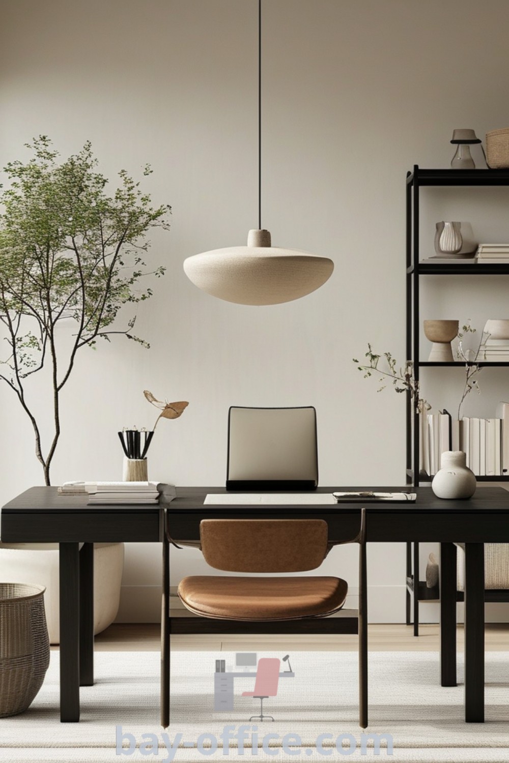 Japandi home office featuring a desk, chair, and bookshelf next to a tree. Design elements include minimal decor and cozy aesthetics, perfect for small spaces. Discover inspiring ideas that enhance productivity at bay-office.com.