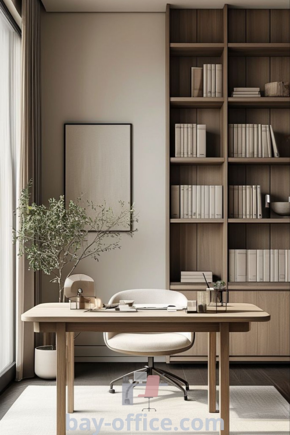 Japandi home office featuring bookshelves, a desk by a window with a plant, and cozy decor ideas for small spaces. Perfect for enhancing productivity and creating an inspiring workspace. Explore more at bay-office.com.