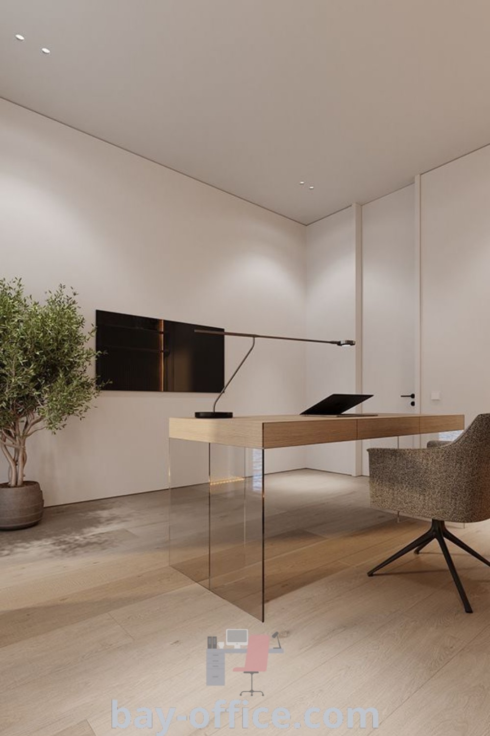 Modern office interior design featuring a minimalist setup with a desk, chair, and television. Discover inspiring design trends and cozy aesthetic ideas for small spaces at bay-office.com.
