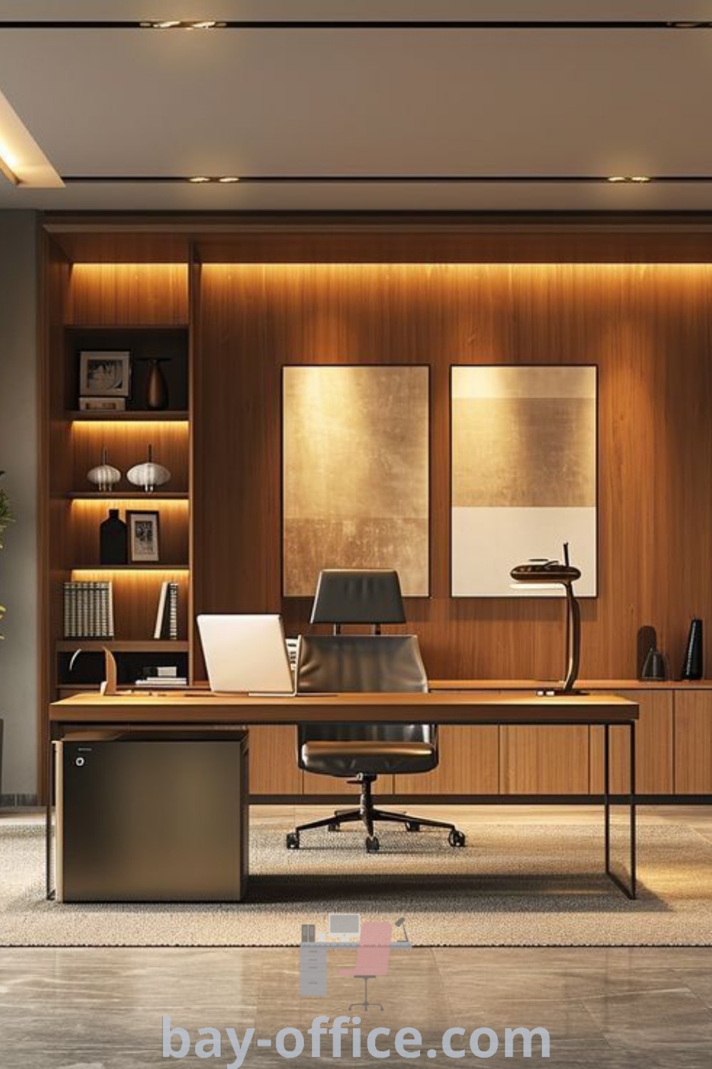 Luxury office with a sleek desk, stylish chair, and bookcase, illuminated by recessed lighting. Perfect for small executive office designs or director room interior. Explore inspiring decor ideas for productivity at bay-office.com.