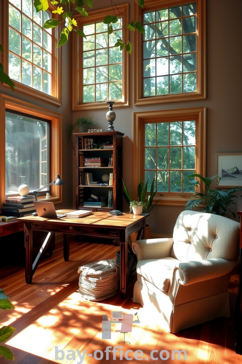 Tranquil home office with sunlight filtering through leafy windows, a rustic wooden desk, and live plants, designed to create a cozy aesthetic that inspires productivity and harmony with nature. Explore more inspiring ideas at bay-office.com.