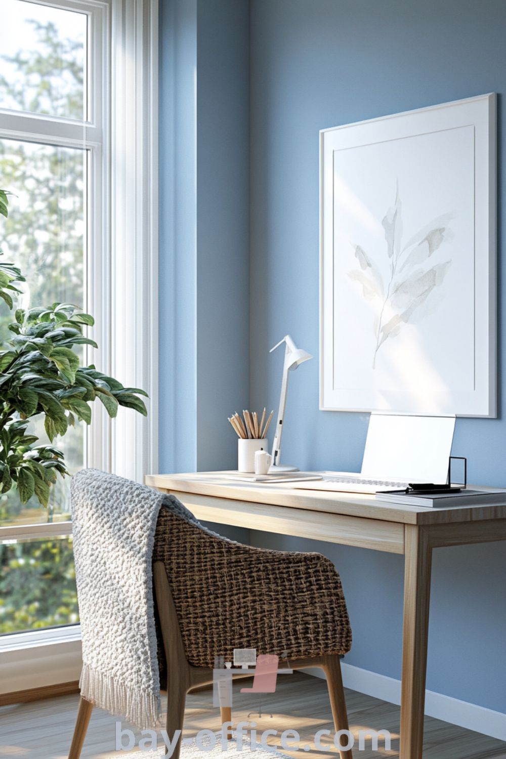 Cozy Scandinavian home office with serene blue walls, natural wood desk, and ample light from large windows, featuring soft textures and simple artwork. An inspiring setup for productivity and comfort. Discover more ideas at bay-office.com.