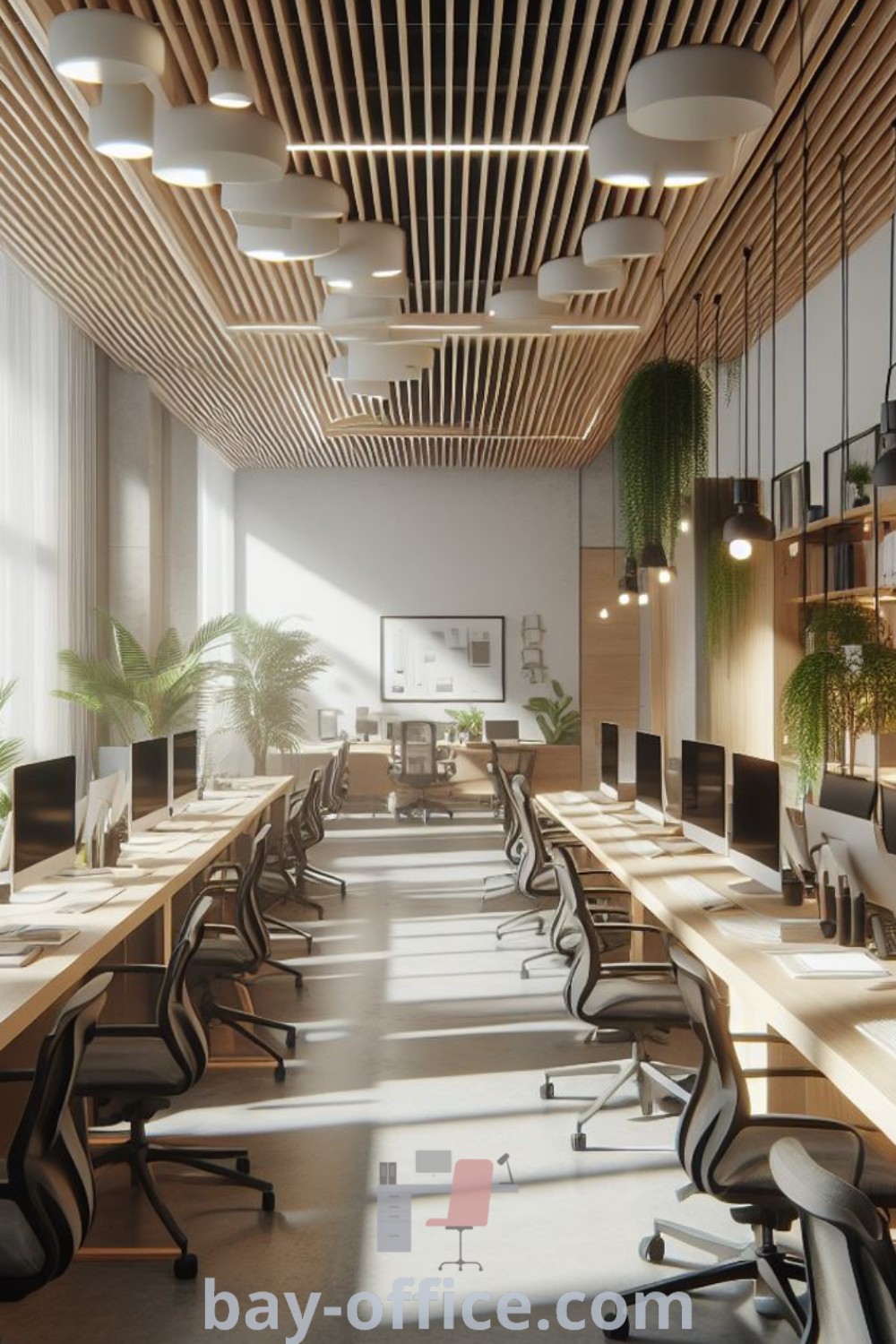 Modern corporate office featuring desks, computer screens on the wall, and potted plants, showcasing architectural office interior and promoting productivity. Explore design trends and decor ideas at bay-office.com.