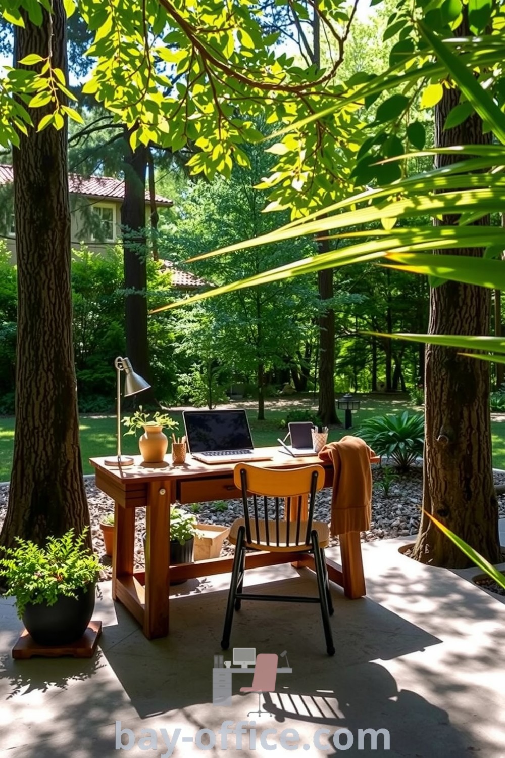 Outdoor home office featuring a rustic wooden desk and comfortable chair surrounded by tall trees and greenery, creating a serene workspace that fosters productivity and tranquility. Discover more decor ideas at bay-office.com.