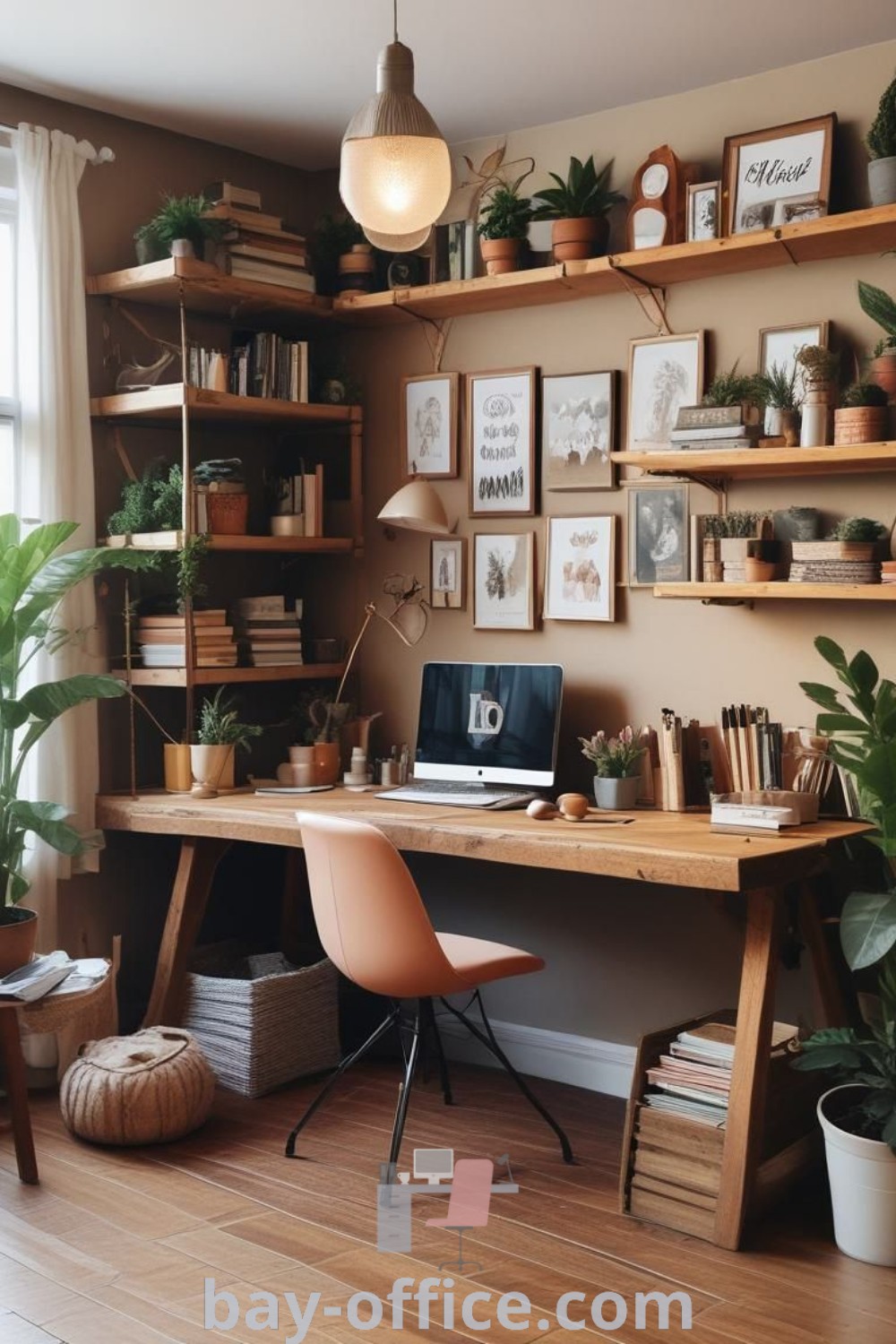 Rustic home office with plants, earthy decor, and personal pictures, perfect for cozy aesthetics and inspiring productivity. Discover creative ideas and design tips for your home office at bay-office.com.