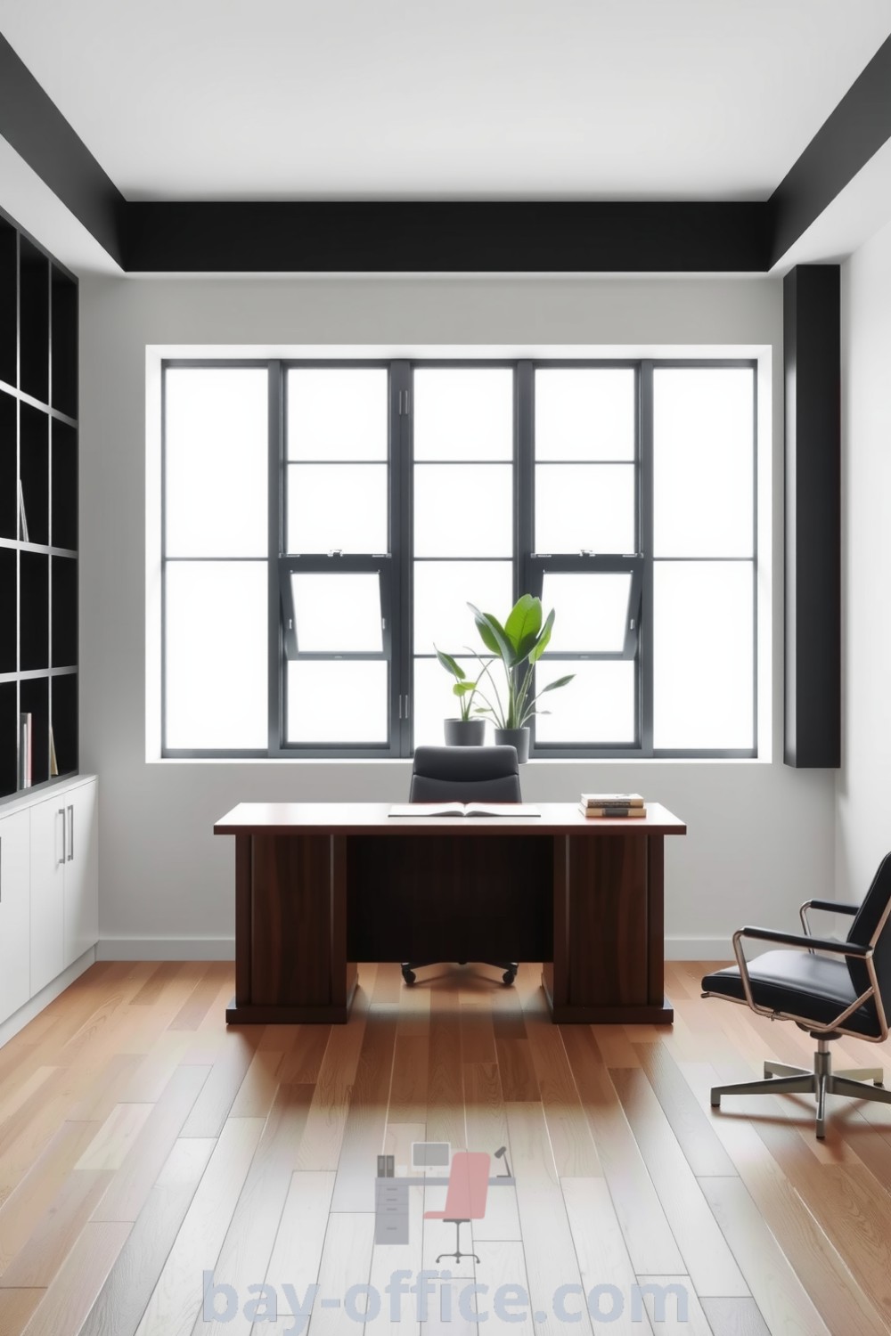 Minimalist corporate office featuring dark wood furniture, smooth white walls, and natural oak flooring, designed to foster focus and productivity. Inspiring decor ideas for creating a cozy and professional workspace available at bay-office.com.