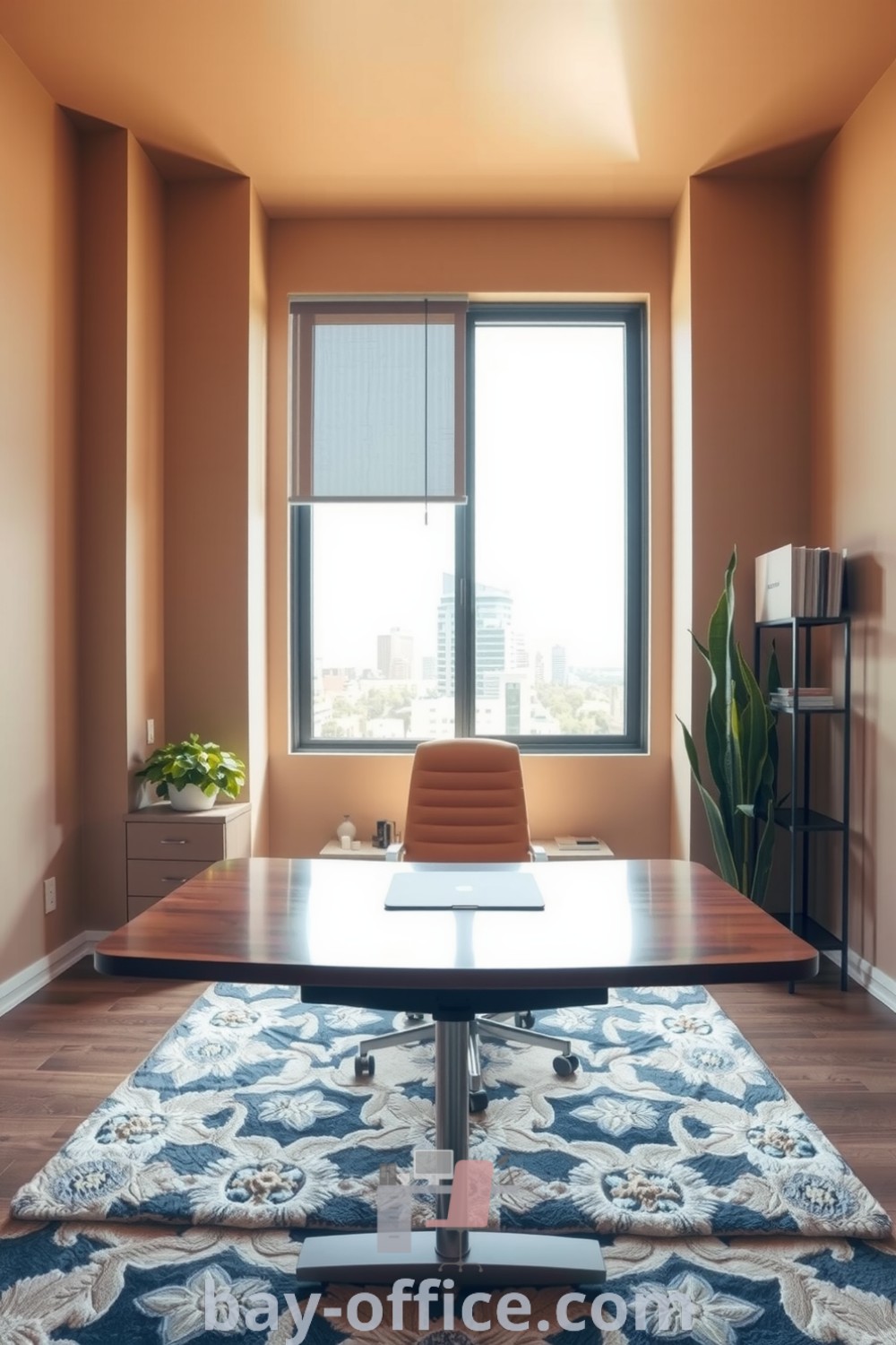 Minimalist corporate office with warm brown tones, cream walls, polished wood desk, and natural light, complemented by modern metal accents, a plush rug, and plants. Inspiring design tips for a cozy and productive workspace. Discover more ideas at bay-office.com.