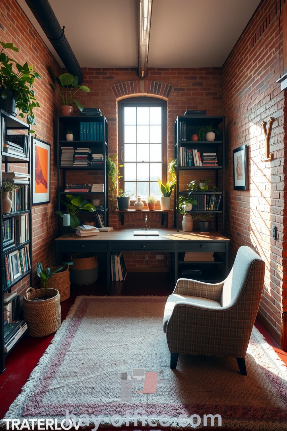 Spacious loft home office featuring exposed brick walls, a wooden desk, and black metal shelving with plants and books, designed for inspiration and productivity. Discover cozy aesthetic ideas at bay-office.com.