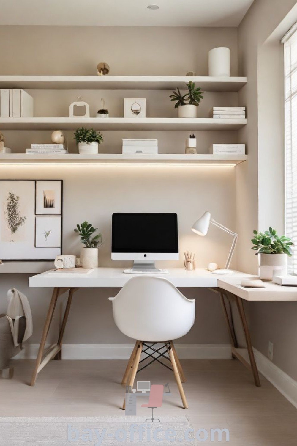 Cozy desk with a computer and plants, illustrating a work-from-home room setup. Ideal for small manager offices and minimalist white desk spaces. Explore office ideas that inspire productivity and comfort at bay-office.com.