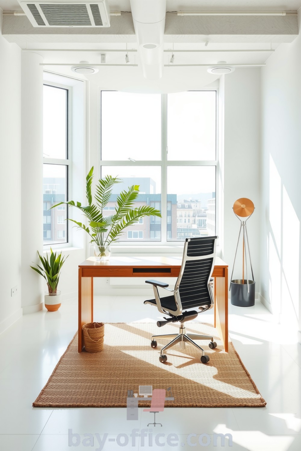Minimalist corporate office featuring a wooden desk, ergonomic chair, and natural light, complemented by potted plants and a woven rug, designed to inspire productivity and a cozy aesthetic. Explore more inspiring design ideas at bay-office.com.