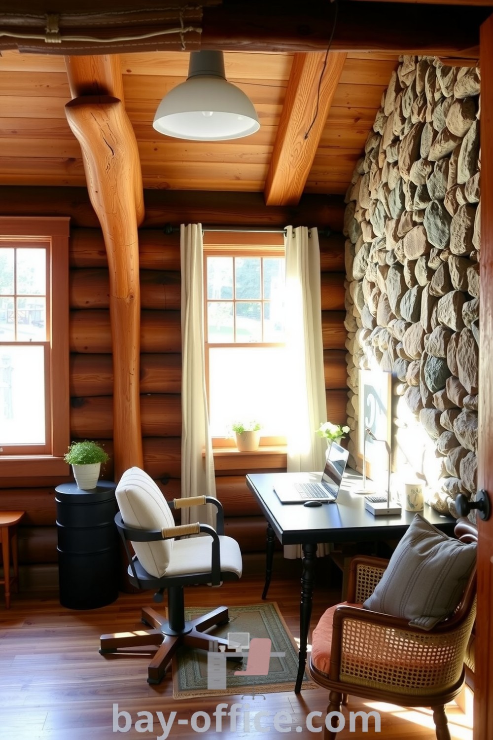 Nature-inspired home office featuring a reclaimed wood desk, organic linen chair, and stone accent wall, designed for cozy productivity. Enhance your workspace with plants and natural light for a perfect blend of outdoor elements. Find the best ideas at bay-office.com.