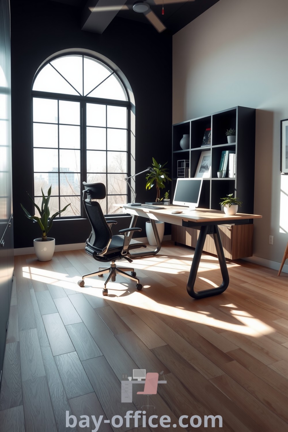 Minimalist corporate office featuring black accents, light wood flooring, and natural light, creating a serene and productive atmosphere. Discover more design trends and decorating ideas at bay-office.com.