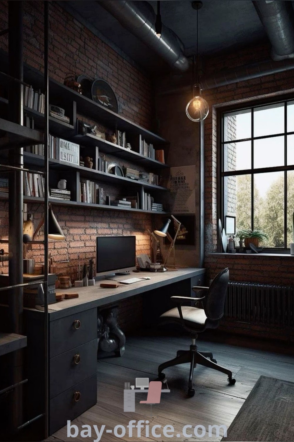 Industrial home office with brick walls, floor-to-ceiling bookshelves, and a cozy aesthetic. Ideal for a productive workspace, offering design tips and ideas for small spaces. Explore more inspiring decor ideas at bay-office.com.
