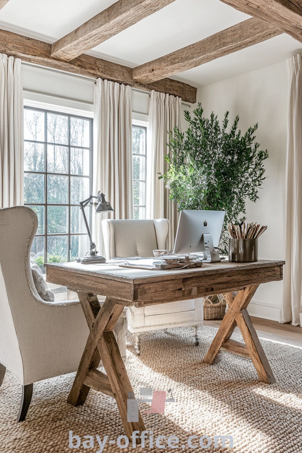 Elegant French country home office with rustic wooden beams, vintage oak desk, and comfortable upholstery, creating an inviting atmosphere for work or relaxation. Discover more design tips at bay-office.com.