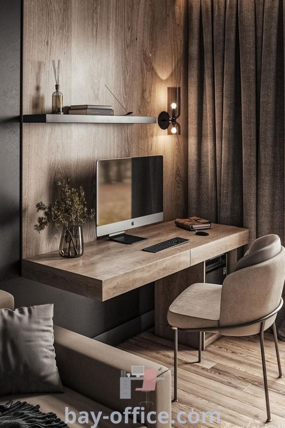 Cozy modern home office with a stylish desk, computer, couch, and chair. Explore inspiring decor ideas for small spaces and discover the best home office design trends at bay-office.com.