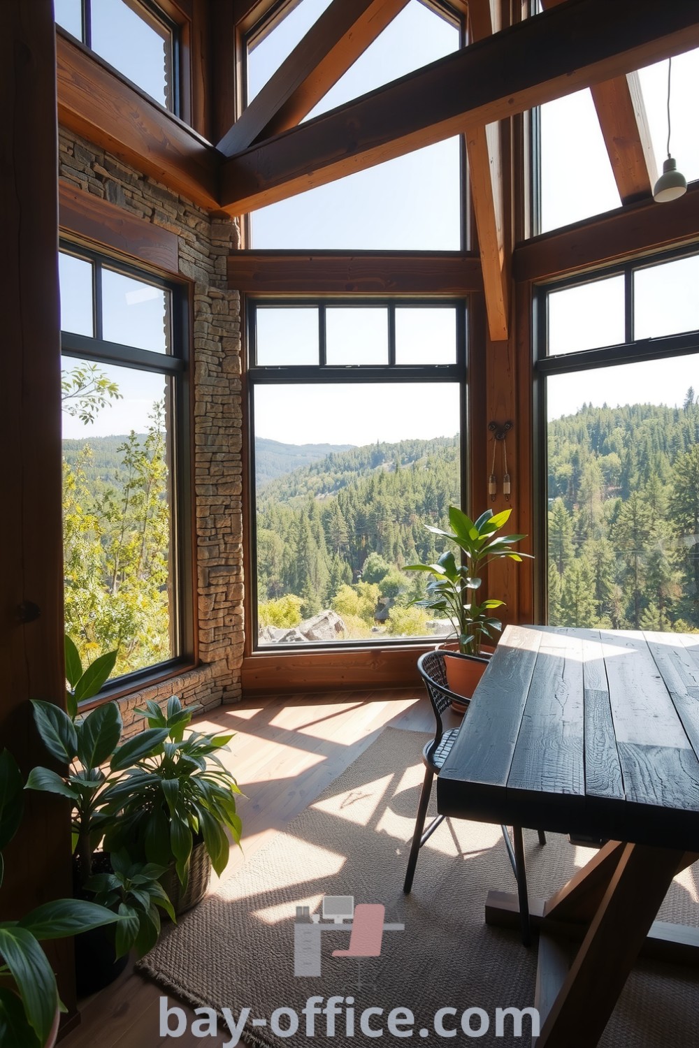 A nature-inspired home office featuring wooden beams, a rustic stone accent wall, large windows with a landscape view, and potted plants, designed to inspire productivity and tranquility. Discover more design tips at bay-office.com.