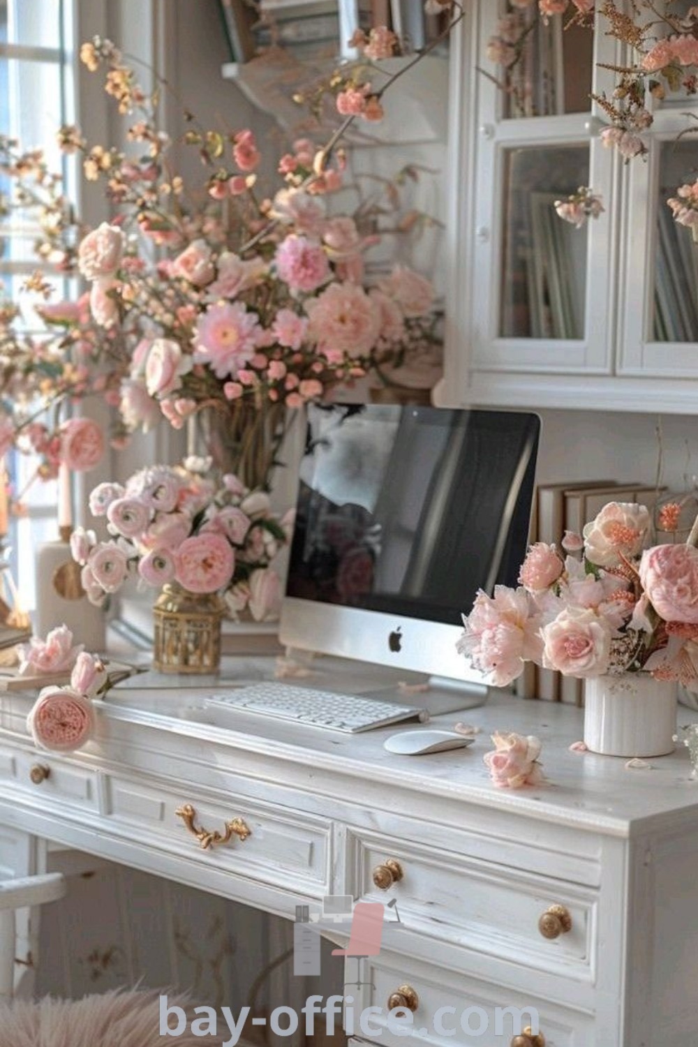 Shabby chic office decor featuring a white desk, computer, and pink flowers, blending functionality with aesthetic appeal. Ideal ideas for house or apartment to inspire productivity and create a cozy workspace. Discover more decor ideas at bay-office.com.