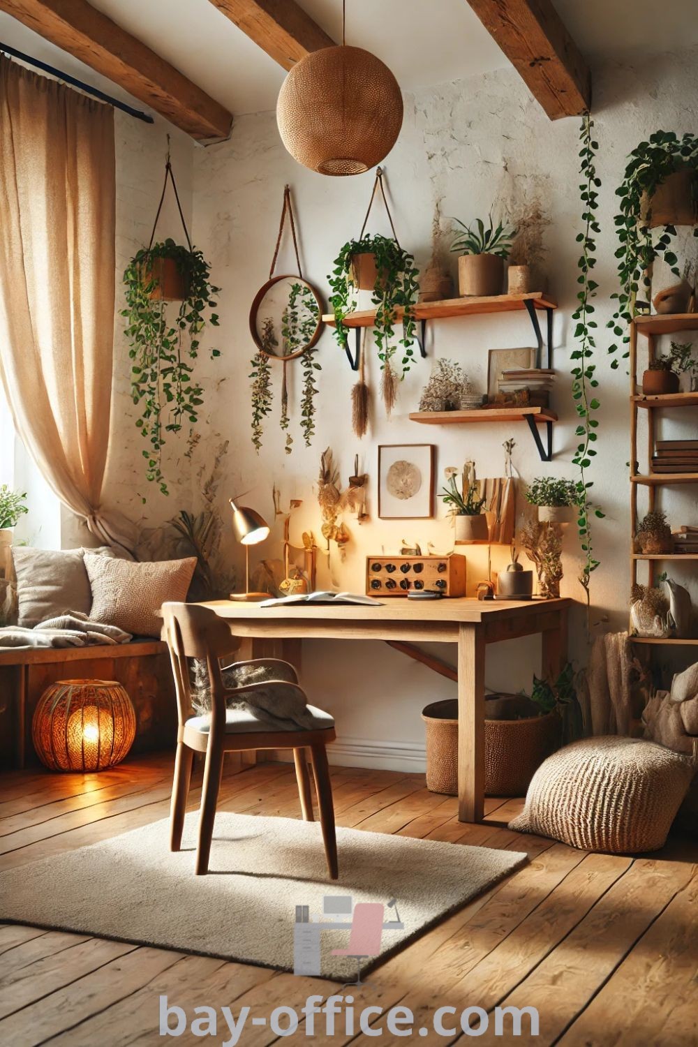 Herbalist office adorned with numerous potted plants, creating an earthy and colorful home office design that promotes productivity. Explore nature-inspired decor ideas for small spaces at bay-office.com.