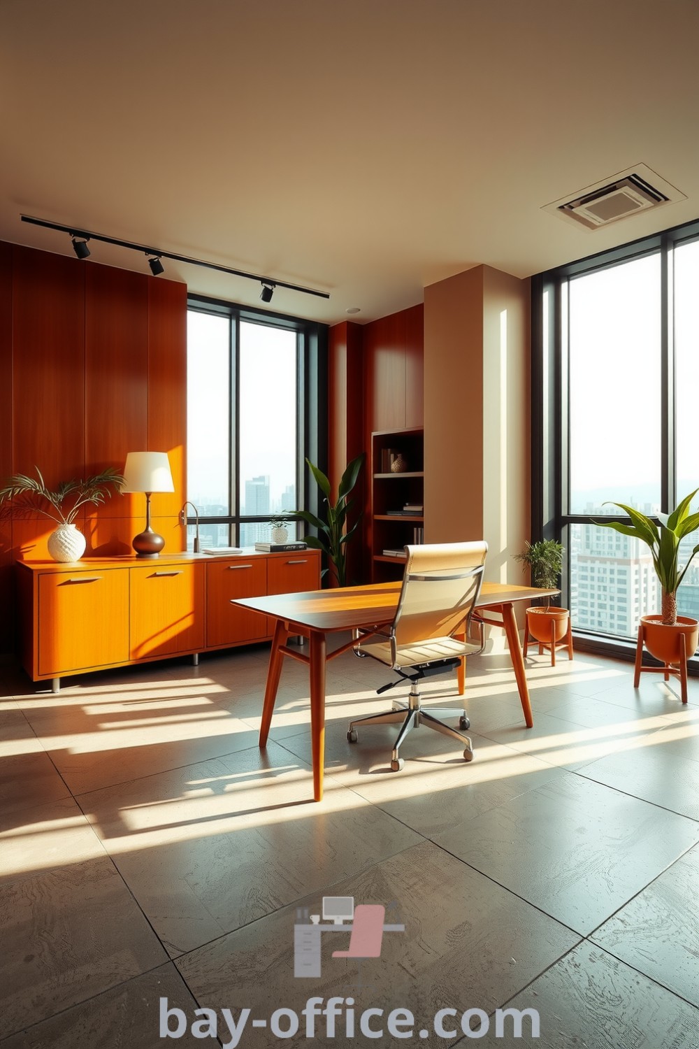 Minimalist corporate office with warm brown wooden furniture, natural light from large windows, and potted plants, designed to inspire productivity and comfort in a professional yet inviting atmosphere. Discover inspiring design tips and decor ideas for small spaces at bay-office.com.