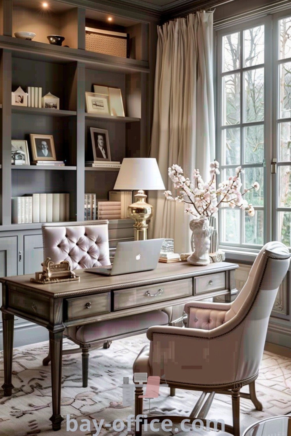 Elegant home office with built-in bookcases, desk, and chair by the window, blending feminine and transitional styles. Ideal for women, this setup includes cozy aesthetic ideas and decor tips that inspire productivity. Explore more at bay-office.com.